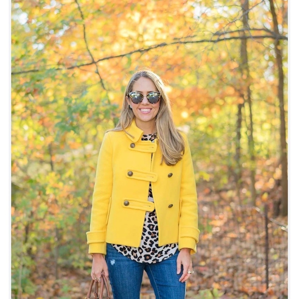 J.Crew Yellow Wool Blend Double Breasted Pea Coat Gold Buttons Size 4
